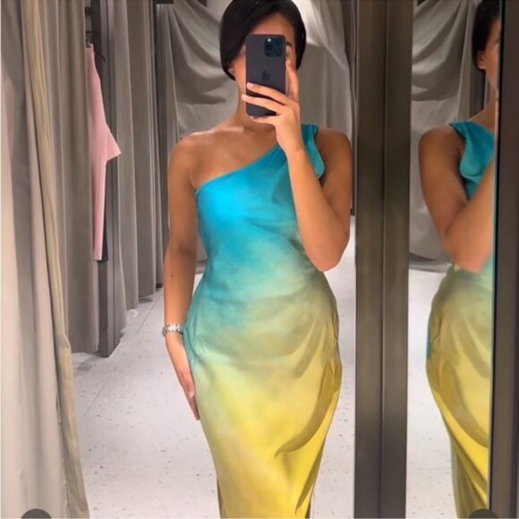ZARA ASYMMETRICAL SATIN EFFECT TIE DYE DRESS - Picture 8 of 16